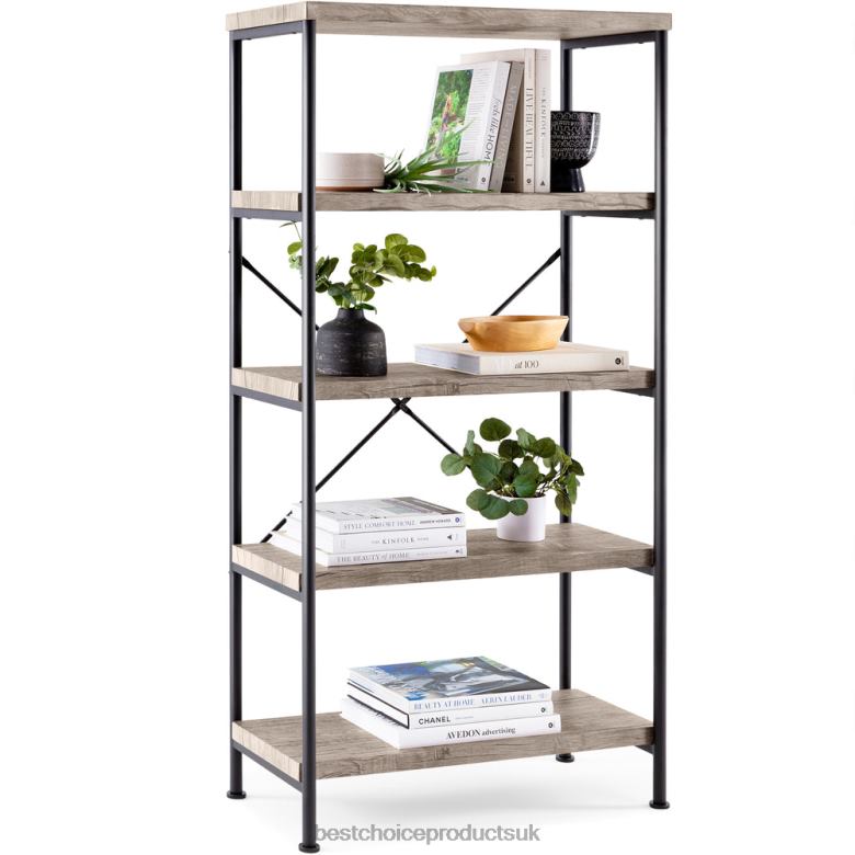 Accessory Best Choice Products5-Tier Industrial Bookshelf w/ Metal Frame, Wood Shelves N62R690 Gray