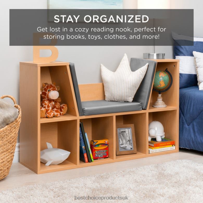 Accessory Best Choice Products6-Cubbie Kids Bookcase Furniture Accent w/ Cushioned Reading Nook N62R735 Brown
