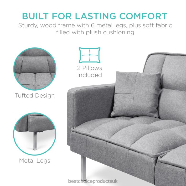 Accessory Best Choice ProductsConvertible Linen Tufted Futon w/ 2 Plush Pillows, Split-Back Design N62R634 Dark Gray