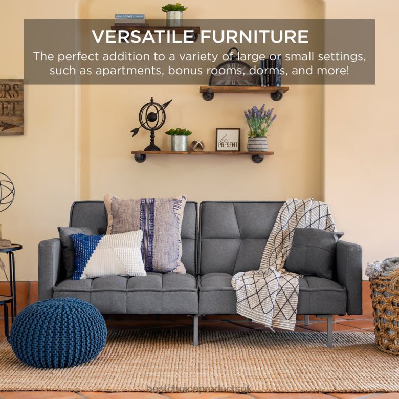 Accessory Best Choice ProductsConvertible Linen Tufted Futon w/ 2 Plush Pillows, Split-Back Design N62R634 Dark Gray