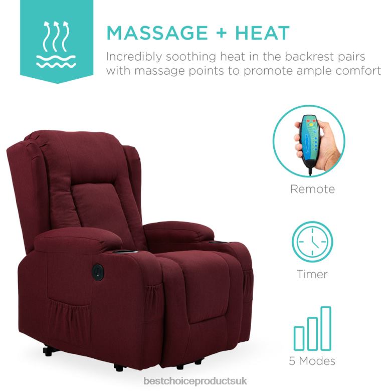 Accessory Best Choice ProductsElectric Power Lift Recliner Massage Chair w/ Heat, USB Port, Cupholders N62R339 Burgundy