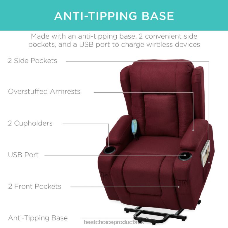 Accessory Best Choice ProductsElectric Power Lift Recliner Massage Chair w/ Heat, USB Port, Cupholders N62R339 Burgundy