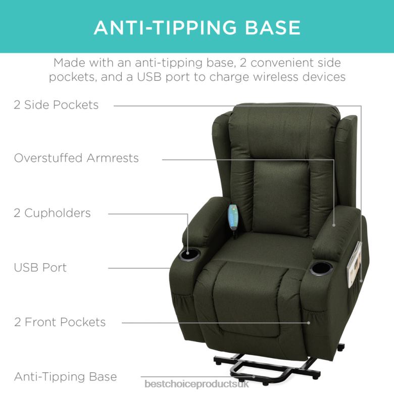 Accessory Best Choice ProductsElectric Power Lift Recliner Massage Chair w/ Heat, USB Port, Cupholders N62R340 Olive