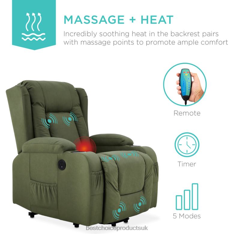 Accessory Best Choice ProductsElectric Power Lift Recliner Massage Chair w/ Heat, USB Port, Cupholders N62R623 Olive