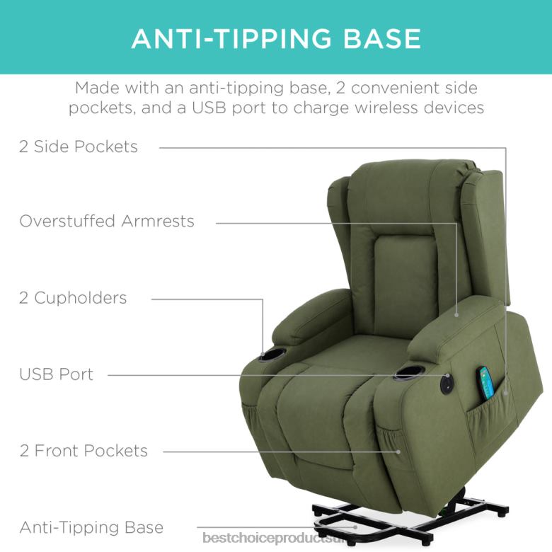 Accessory Best Choice ProductsElectric Power Lift Recliner Massage Chair w/ Heat, USB Port, Cupholders N62R623 Olive