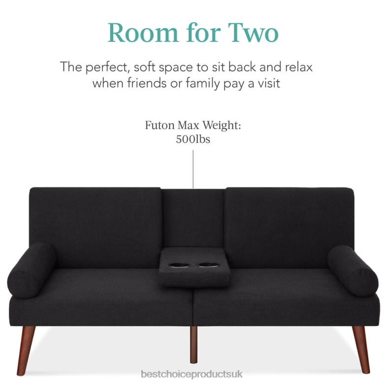 Accessory Best Choice ProductsFabric Upholstered Convertible Futon w/ Rounded Armrests, 2 Cupholders N62R685 Black
