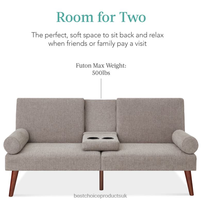 Accessory Best Choice ProductsFabric Upholstered Convertible Futon w/ Rounded Armrests, 2 Cupholders N62R686 Gray