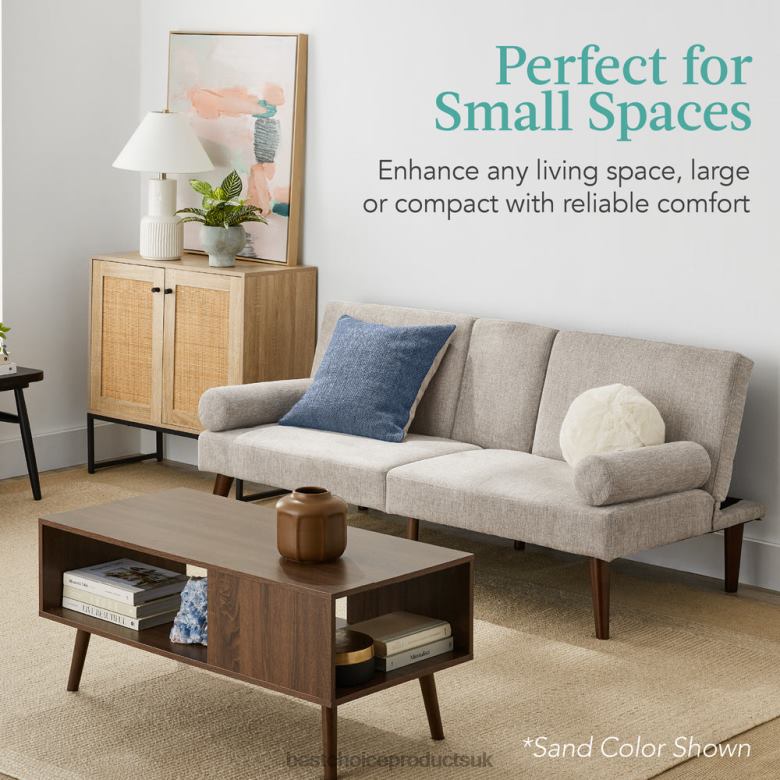 Accessory Best Choice ProductsFabric Upholstered Convertible Futon w/ Rounded Armrests, 2 Cupholders N62R686 Gray