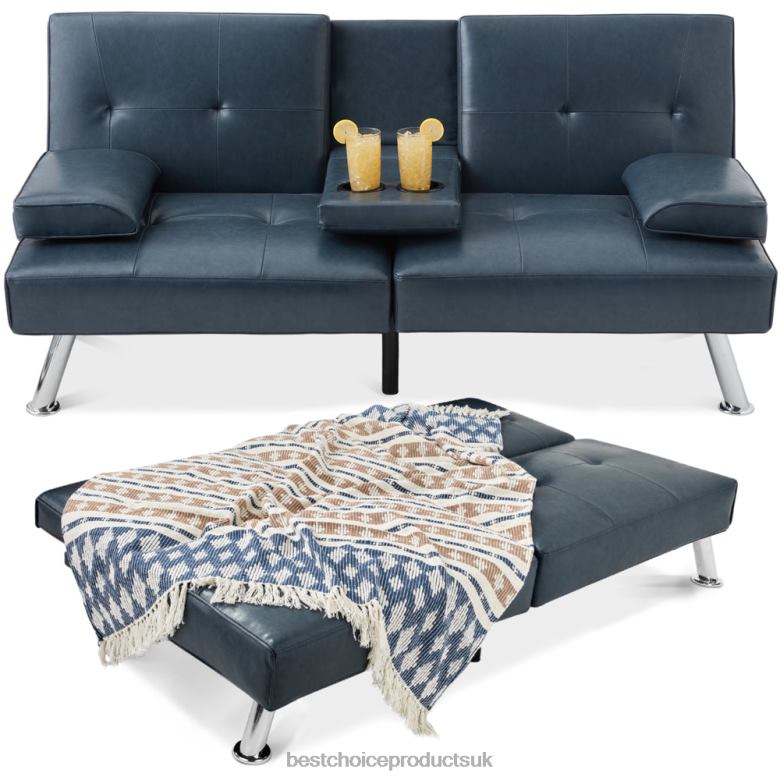 Accessory Best Choice ProductsFaux Leather Upholstered Convertible Sofa Bed Futon w/ 2 Cupholders N62R631 Blue