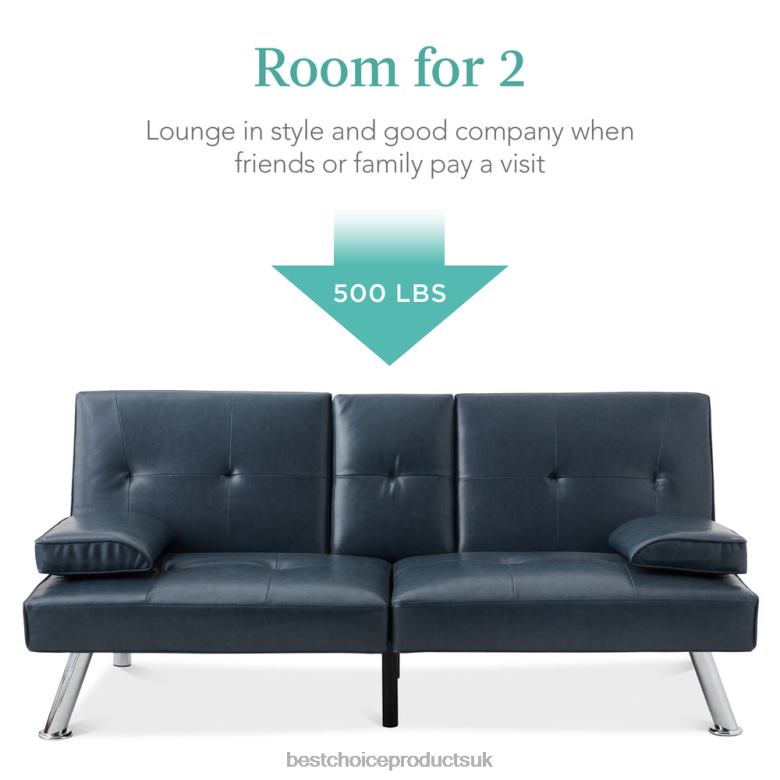 Accessory Best Choice ProductsFaux Leather Upholstered Convertible Sofa Bed Futon w/ 2 Cupholders N62R631 Blue