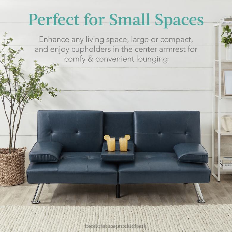 Accessory Best Choice ProductsFaux Leather Upholstered Convertible Sofa Bed Futon w/ 2 Cupholders N62R631 Blue