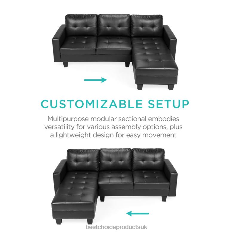 Accessory Best Choice ProductsL-Shape Customizable Faux Leather Sofa Set w/ Ottoman Bench N62R669 Black
