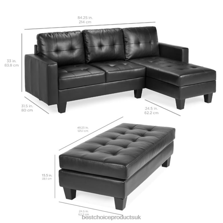 Accessory Best Choice ProductsL-Shape Customizable Faux Leather Sofa Set w/ Ottoman Bench N62R669 Black