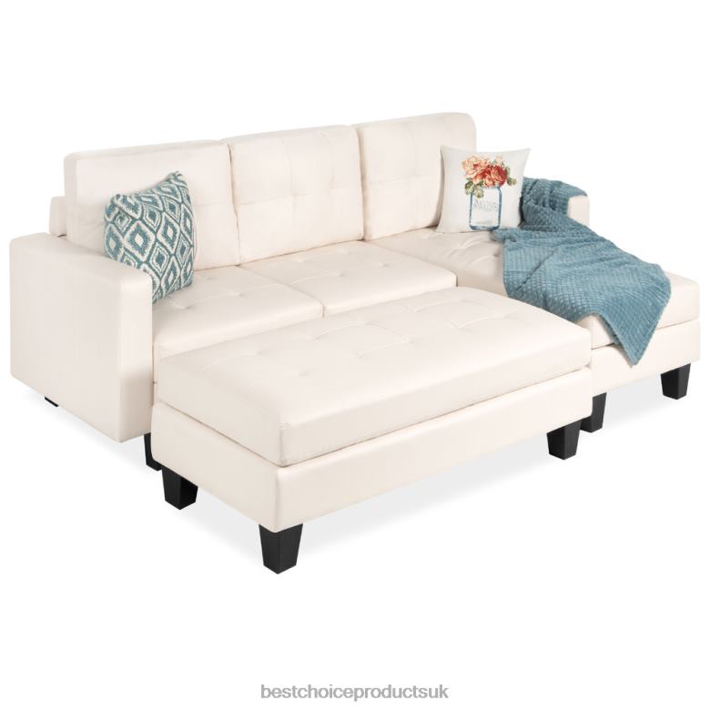 Accessory Best Choice ProductsL-Shape Customizable Faux Leather Sofa Set w/ Ottoman Bench N62R671 White
