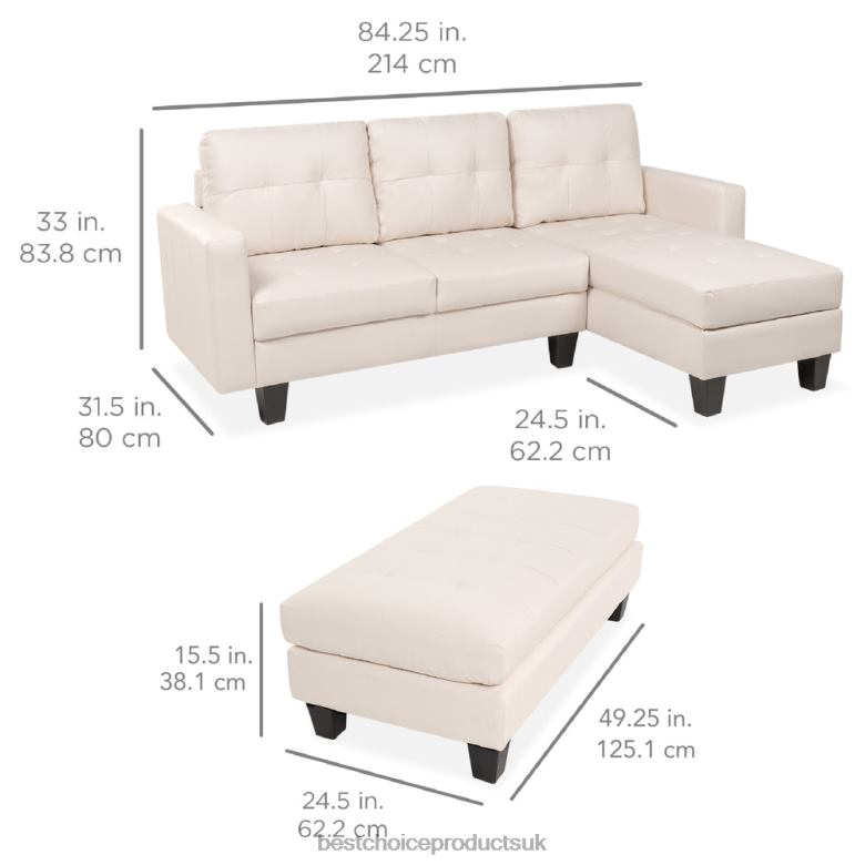 Accessory Best Choice ProductsL-Shape Customizable Faux Leather Sofa Set w/ Ottoman Bench N62R671 White