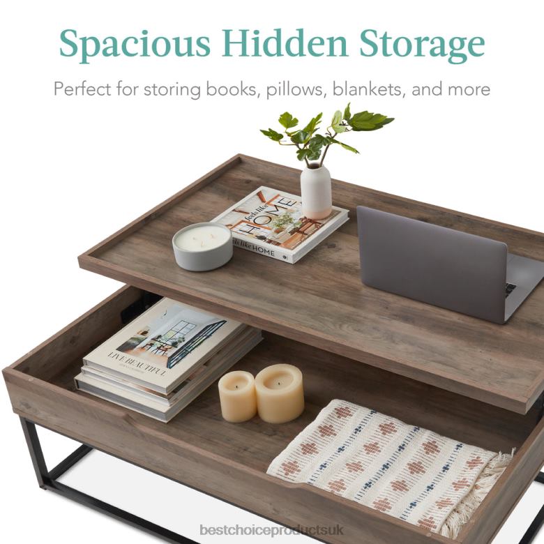 Accessory Best Choice ProductsLift Top Coffee Table w/ Tray Edge Tabletop, Wood-Grain Finish N62R655 Gray Oak