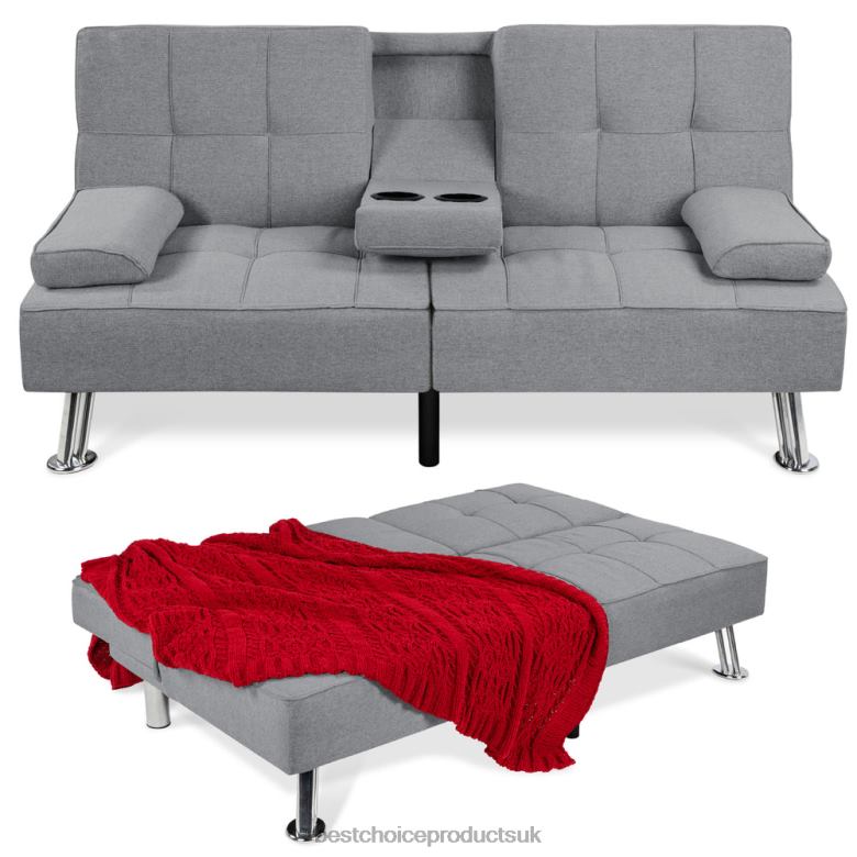 Accessory Best Choice ProductsLinen Upholstered Convertible Sofa Bed Futon w/ 2 Cupholders N62R611 Gray
