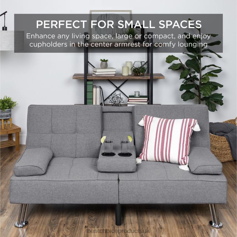 Accessory Best Choice ProductsLinen Upholstered Convertible Sofa Bed Futon w/ 2 Cupholders N62R611 Gray