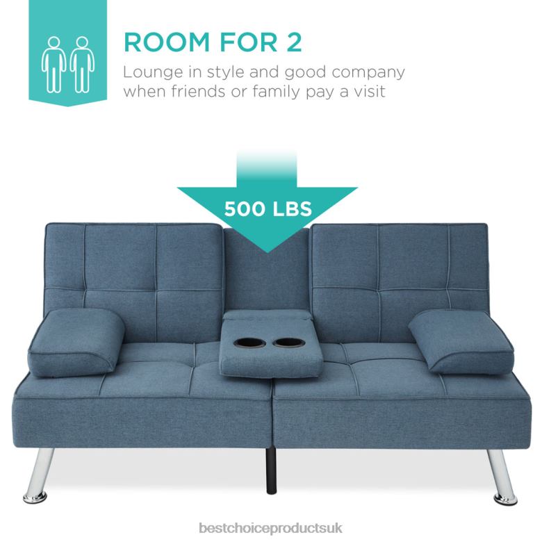 Accessory Best Choice ProductsLinen Upholstered Convertible Sofa Bed Futon w/ 2 Cupholders N62R613 Blue