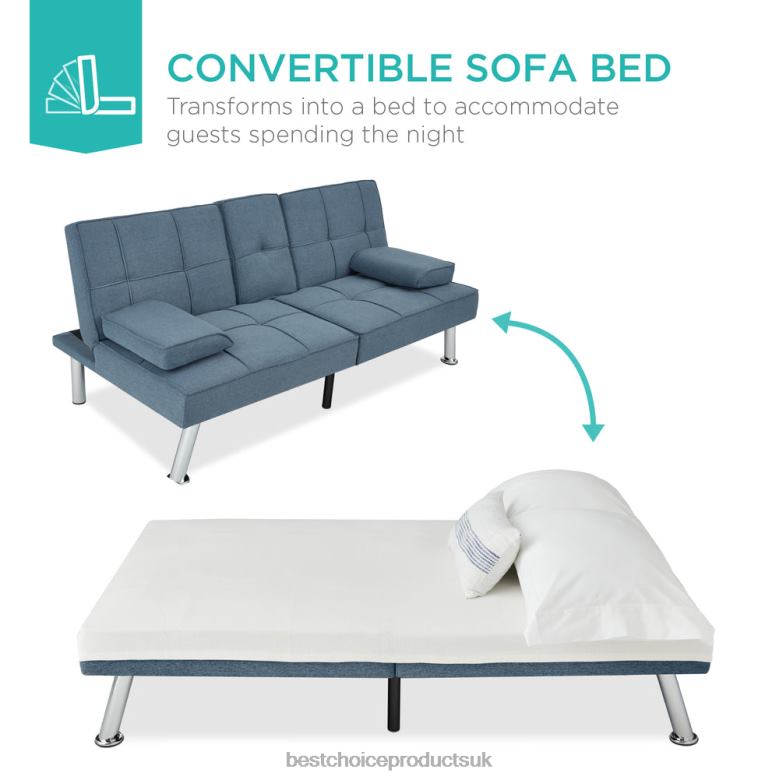 Accessory Best Choice ProductsLinen Upholstered Convertible Sofa Bed Futon w/ 2 Cupholders N62R613 Blue