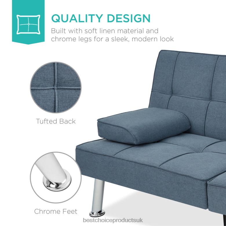 Accessory Best Choice ProductsLinen Upholstered Convertible Sofa Bed Futon w/ 2 Cupholders N62R613 Blue