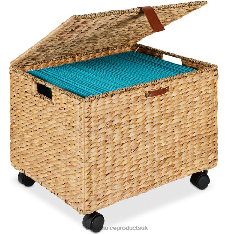 Accessory Best Choice ProductsMobile Water Hyacinth Rolling Filing Cabinet Storage Basket w/ Lid, Wheels N62R692 Natural