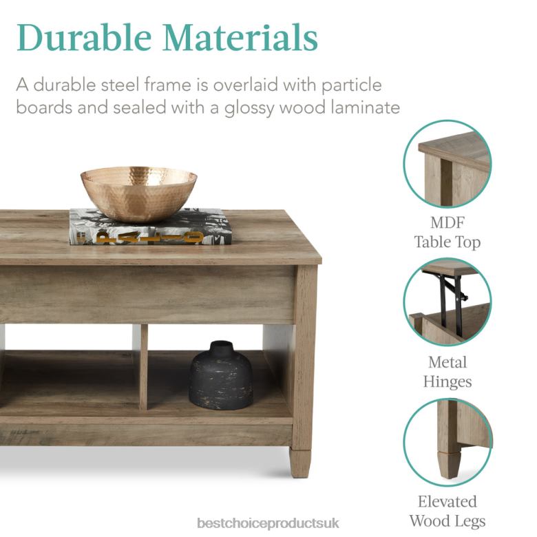 Accessory Best Choice ProductsMultifunctional Lift Top Coffee Table w/ Hidden Storage, 3 Cubbies N62R597 Gray Oak