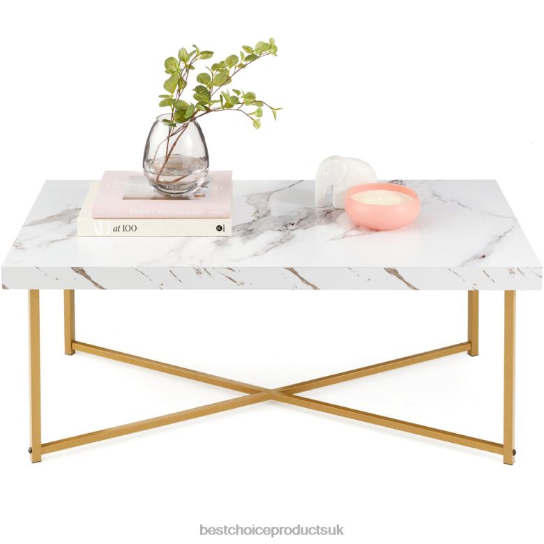Accessory Best Choice ProductsRectangular Coffee Table w/ X-Base, Faux Marble Top, Non-Scratch Feet N62R362 White/Bronze Gold