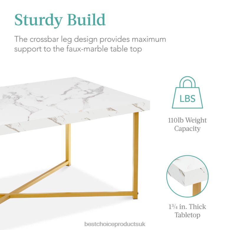 Accessory Best Choice ProductsRectangular Coffee Table w/ X-Base, Faux Marble Top, Non-Scratch Feet N62R362 White/Bronze Gold