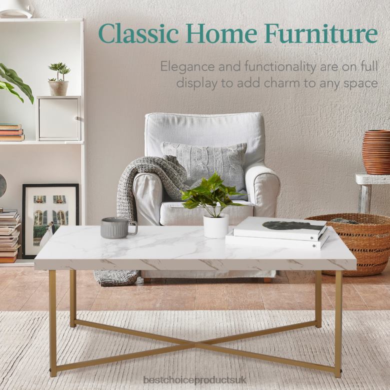 Accessory Best Choice ProductsRectangular Coffee Table w/ X-Base, Faux Marble Top, Non-Scratch Feet N62R362 White/Bronze Gold