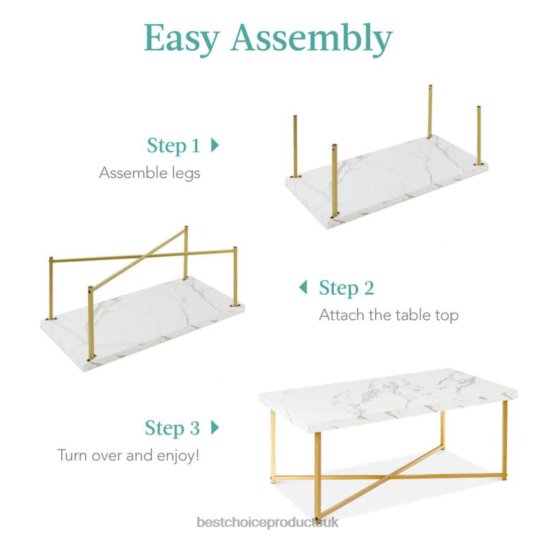 Accessory Best Choice ProductsRectangular Coffee Table w/ X-Base, Faux Marble Top, Non-Scratch Feet N62R362 White/Bronze Gold