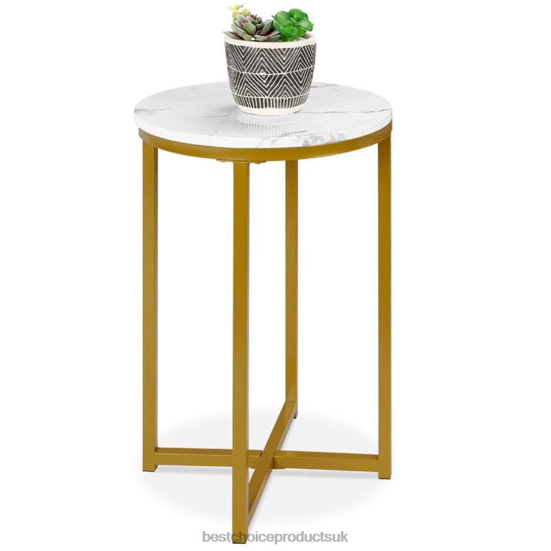 Accessory Best Choice ProductsRound Coffee Side Table w/ Faux Marble Top, Metal Frame N62R1246 White/Bronze Gold
