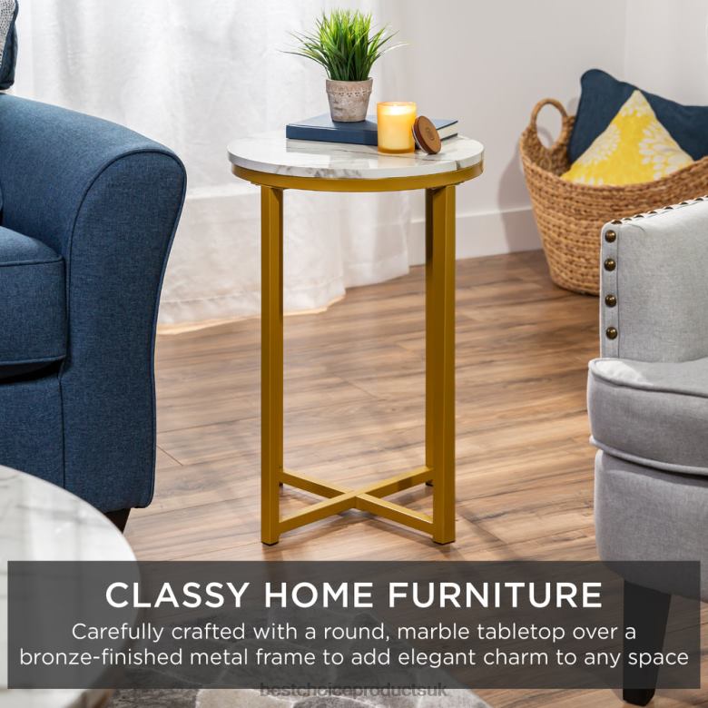 Accessory Best Choice ProductsRound Coffee Side Table w/ Faux Marble Top, Metal Frame N62R1246 White/Bronze Gold