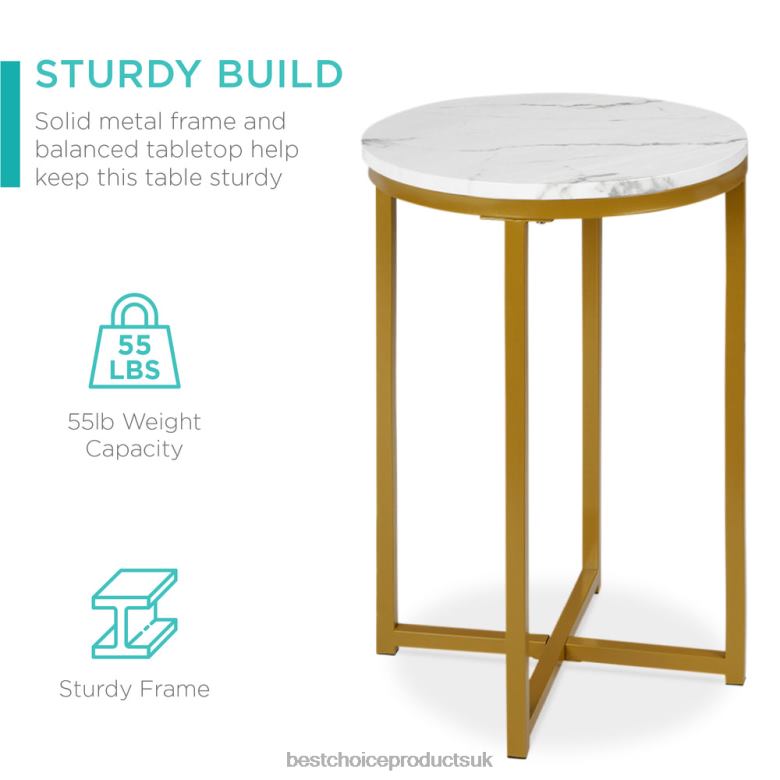 Accessory Best Choice ProductsRound Coffee Side Table w/ Faux Marble Top, Metal Frame N62R1246 White/Bronze Gold