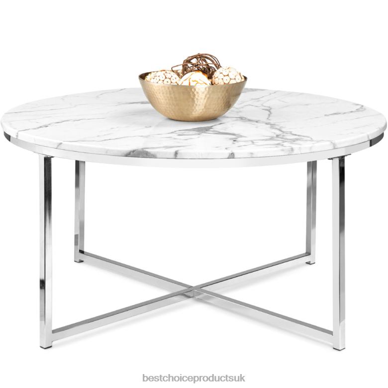 Accessory Best Choice ProductsRound Coffee Table w/ Faux Marble Top, Metal Frame N62R653 Chrome
