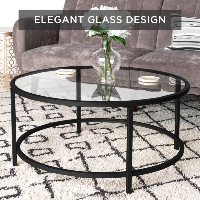 Accessory Best Choice ProductsRound Tempered Glass Coffee Table w/ Steel Frame N62R1242 Black
