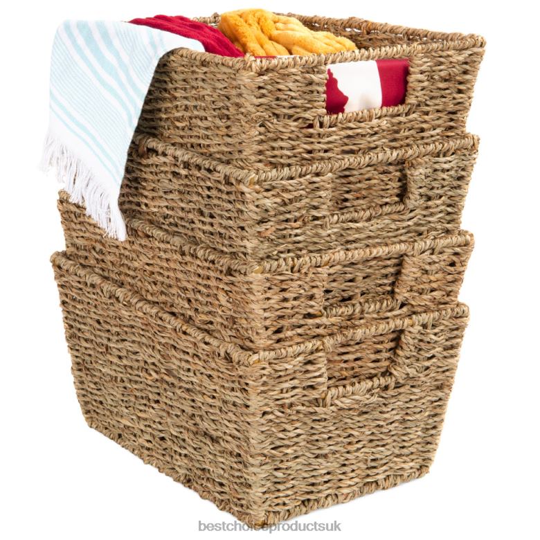 Accessory Best Choice ProductsSet of 4 Seagrass Storage Tote Baskets, Laundry Organizer w/ Insert Handles N62R729 Natural