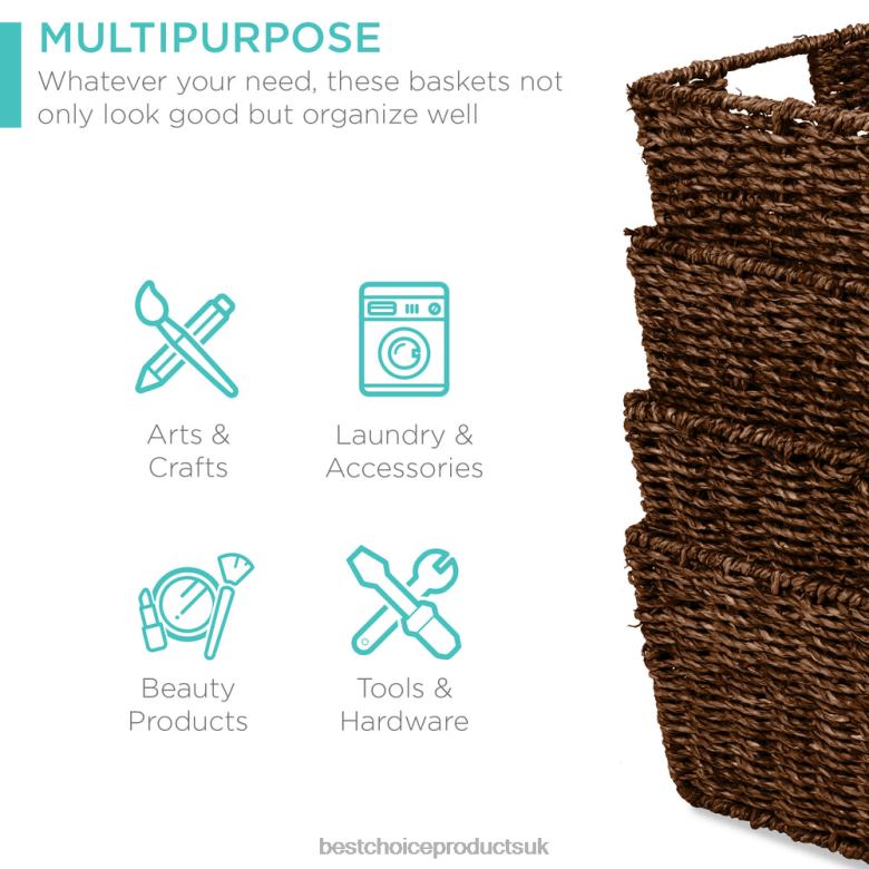 Accessory Best Choice ProductsSet of 4 Seagrass Storage Tote Baskets, Laundry Organizer w/ Insert Handles N62R730 Brown