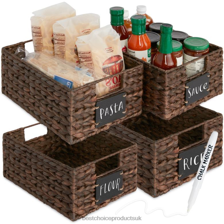Accessory Best Choice ProductsSet of 4 Water Hyacinth Pantry Baskets w/ Chalkboard, Marker N62R1207 Brown