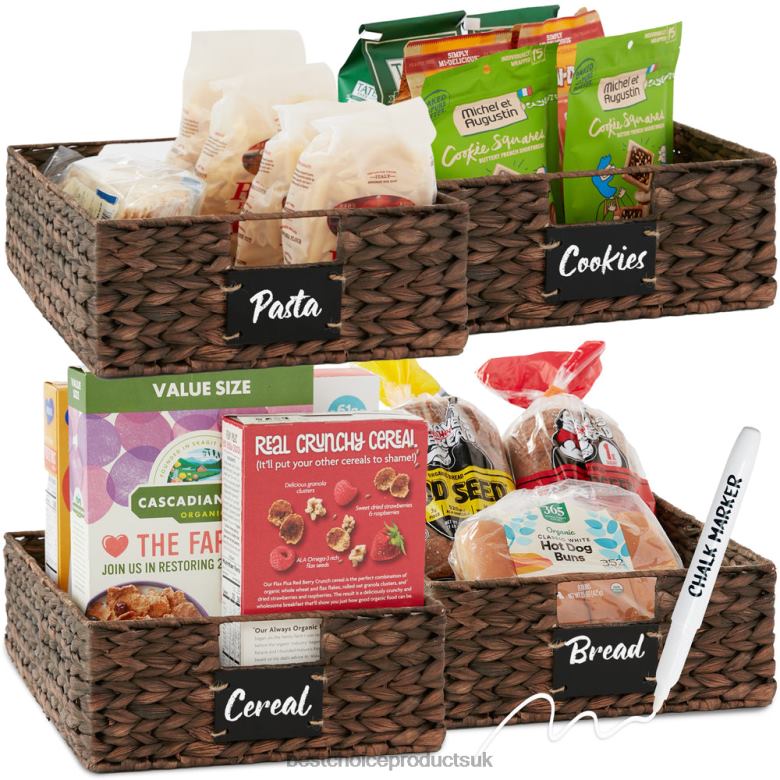 Accessory Best Choice ProductsSet of 4 Water Hyancinth Pantry Baskets w/ Chalkboard, Chalk Marker N62R390 Brown