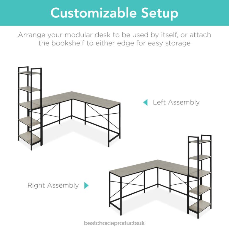 Accessory Best Choice ProductsL-Shaped Computer Desk, Study Workstation w/ 5-Tier Open Storage Bookshelf N62R648 Gray/Black