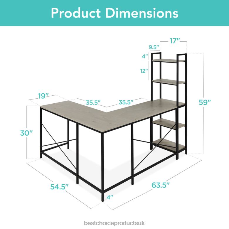 Accessory Best Choice ProductsL-Shaped Computer Desk, Study Workstation w/ 5-Tier Open Storage Bookshelf N62R648 Gray/Black