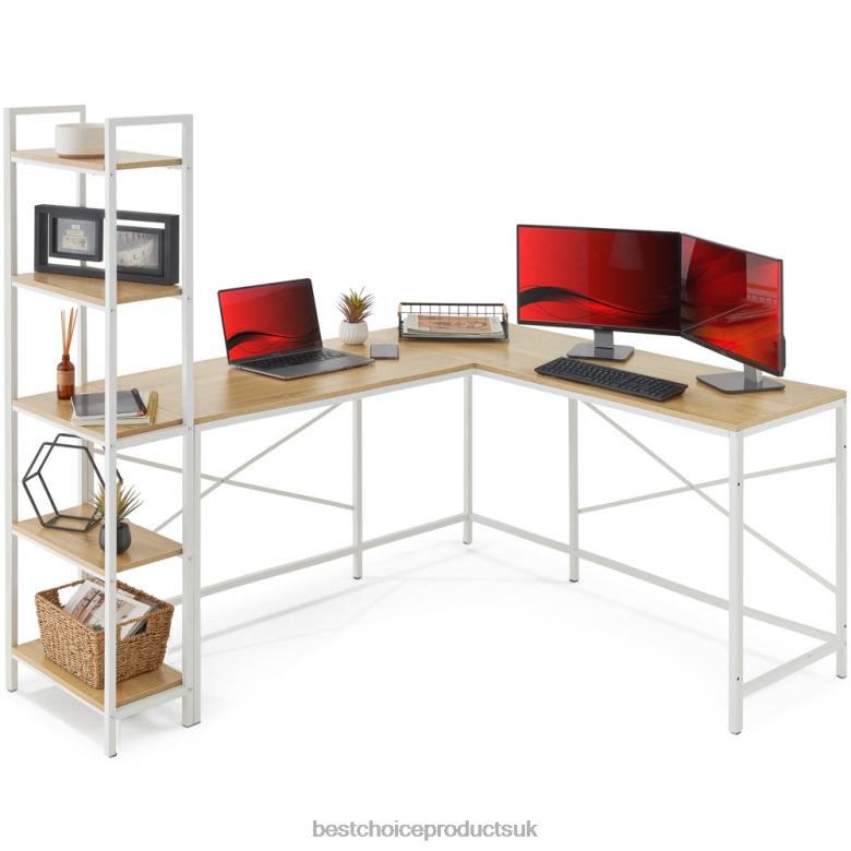 Accessory Best Choice ProductsL-Shaped Computer Desk, Study Workstation w/ 5-Tier Open Storage Bookshelf N62R649 White Oak