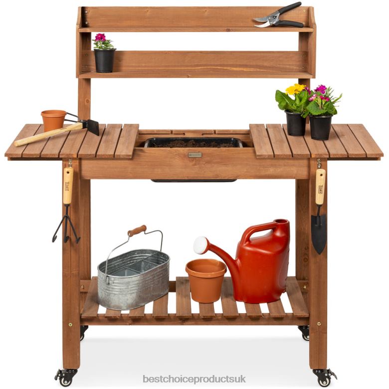 Lawn & Garden | Best Choice ProductsWood Garden Potting Bench w/ Sliding Tabletop, Food Grade Dry Sink, Wheels N62R956 Brown