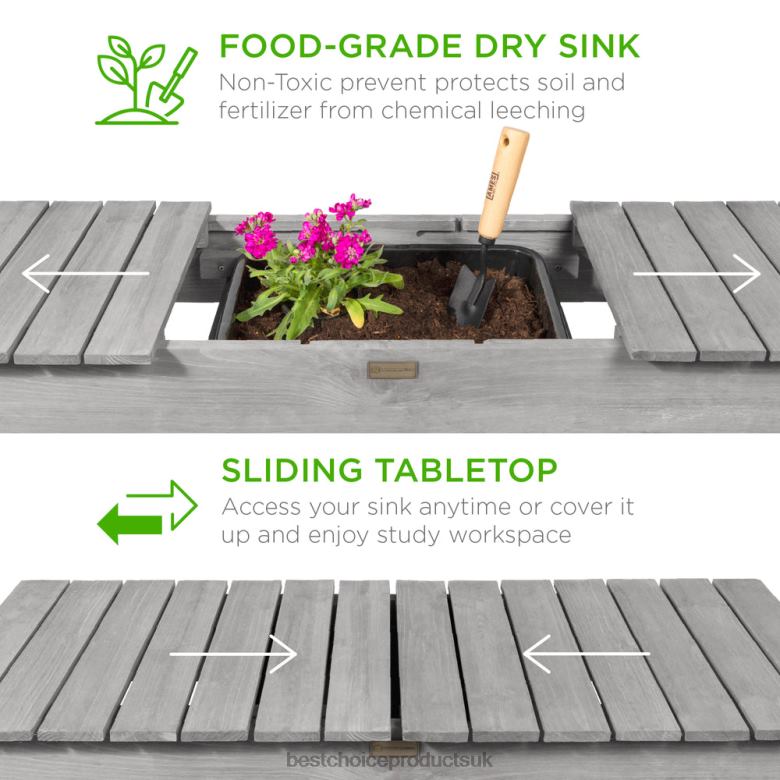 Lawn & Garden | Best Choice ProductsWood Garden Potting Bench w/ Sliding Tabletop, Food Grade Dry Sink, Wheels N62R957 Gray
