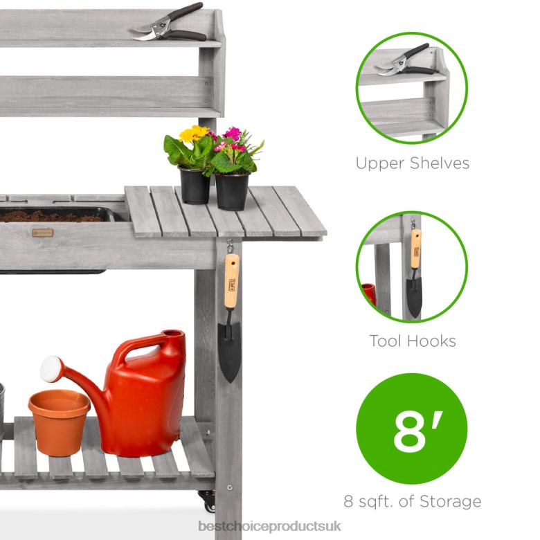 Lawn & Garden | Best Choice ProductsWood Garden Potting Bench w/ Sliding Tabletop, Food Grade Dry Sink, Wheels N62R957 Gray