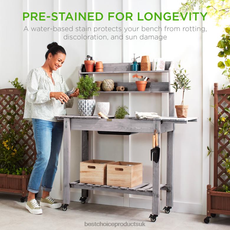 Lawn & Garden | Best Choice ProductsWood Garden Potting Bench w/ Sliding Tabletop, Food Grade Dry Sink, Wheels N62R957 Gray
