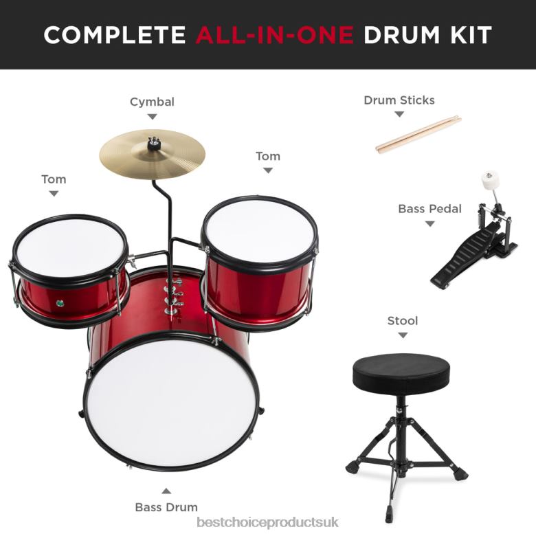 Musical Instruments | Best Choice ProductsKids Beginner 3-Piece Drum, Musical Instrument Set w/ Sticks, Stool, Pedal N62R515 Red