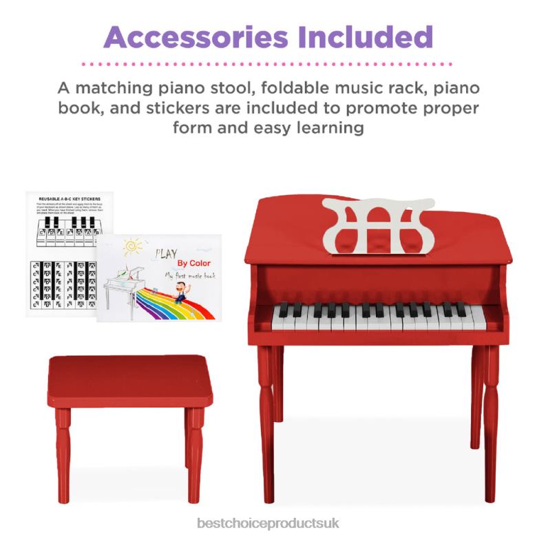 Musical Instruments | Best Choice ProductsKids Mini Wooden Grand Piano w/ Lid, Bench, Music Rack, Song Book, Stickers N62R1128 Red