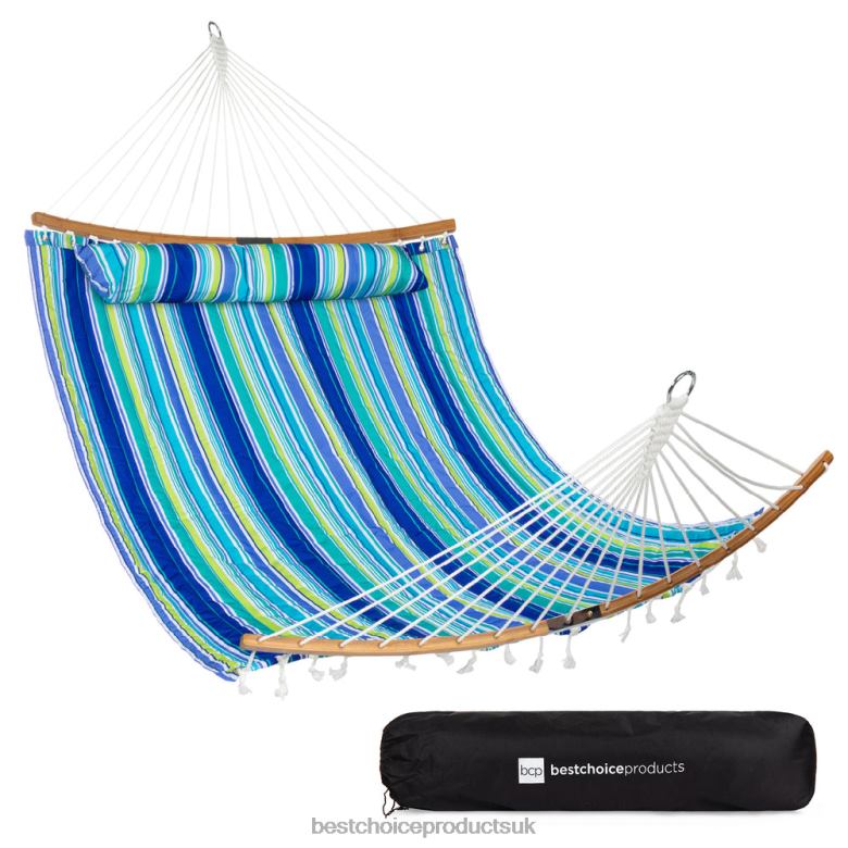 Outdoor Living | Best Choice Products2-Person Quilted Portable Hammock w/ Curved Bamboo Spreader Bar, Carry Bag N62R432 Blue/Green Stripe